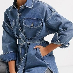 ASOS Denim Oversized Belted Shirt Midwash Blue